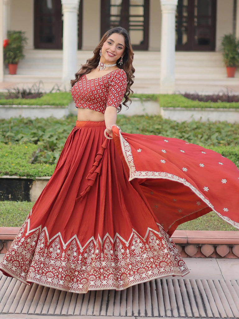Beautiful Red Thread Embroidered Silk Wedding Wear Lehenga Choli