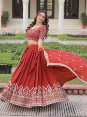 Beautiful Red Thread Embroidered Silk Wedding Wear Lehenga Choli