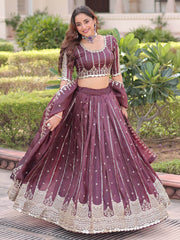 Precious Brown Embroidered Crushed Festive Wear Lehenga Choli