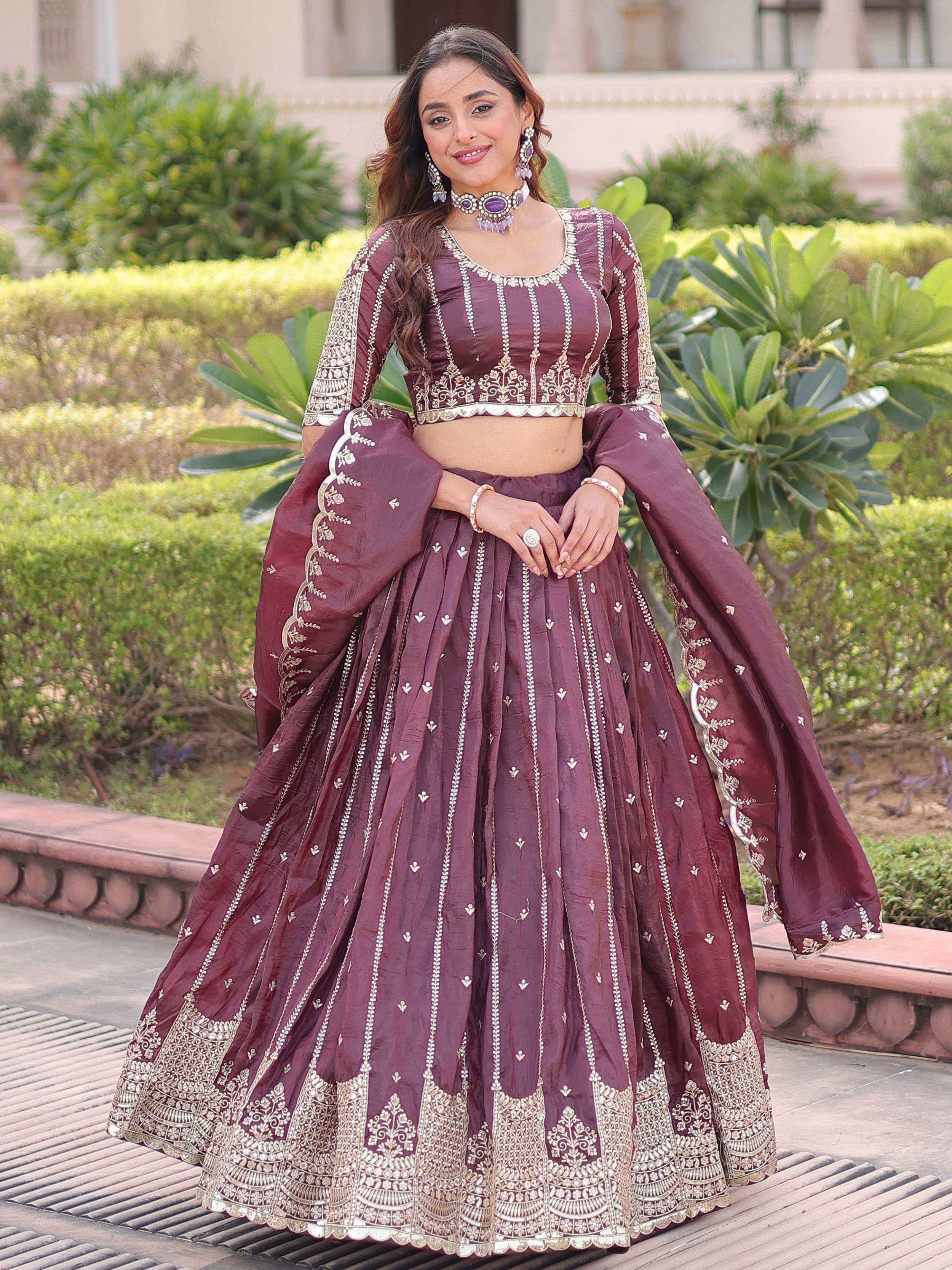 Precious Brown Embroidered Crushed Festive Wear Lehenga Choli