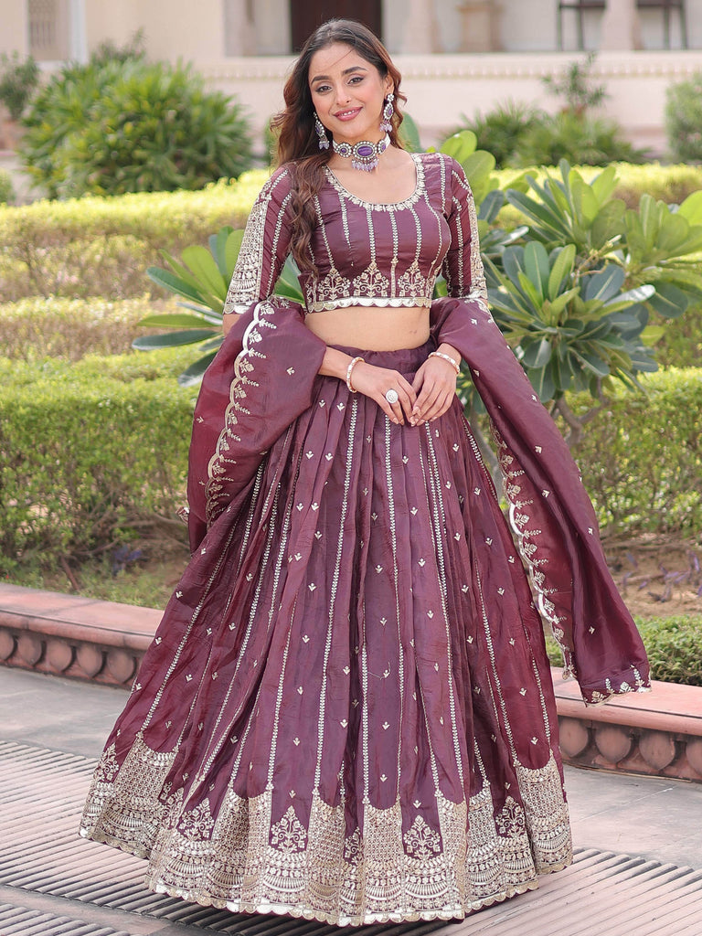 Precious Brown Embroidered Crushed Festive Wear Lehenga Choli