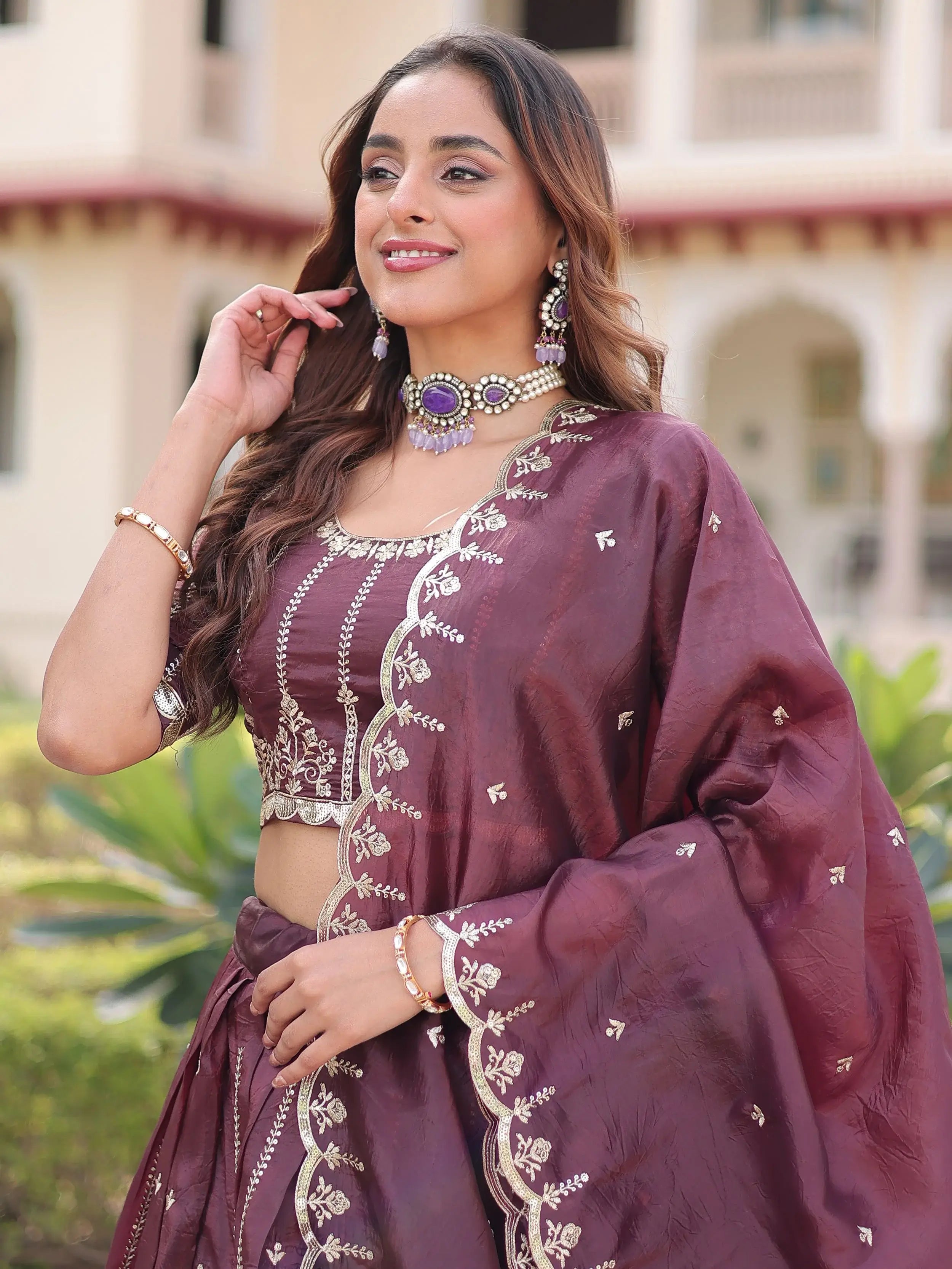 Precious Brown Embroidered Crushed Festive Wear Lehenga Choli