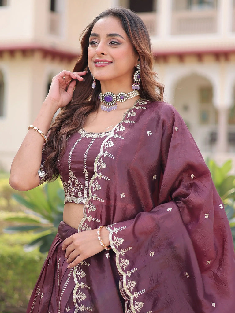 Precious Brown Embroidered Crushed Festive Wear Lehenga Choli