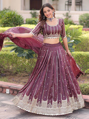 Precious Brown Embroidered Crushed Festive Wear Lehenga Choli
