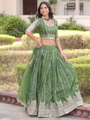 Classic Green Embroidered Crushed Wedding Wear Lehenga Choli