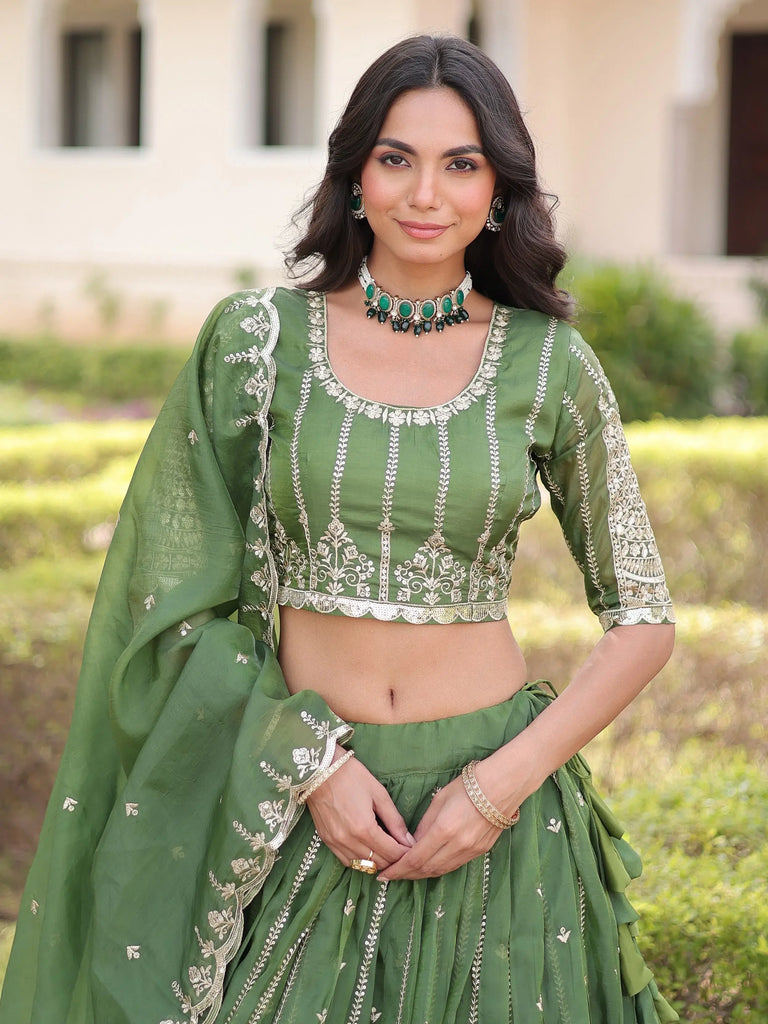 Classic Green Embroidered Crushed Wedding Wear Lehenga Choli