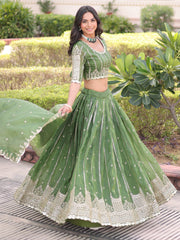 Classic Green Embroidered Crushed Wedding Wear Lehenga Choli