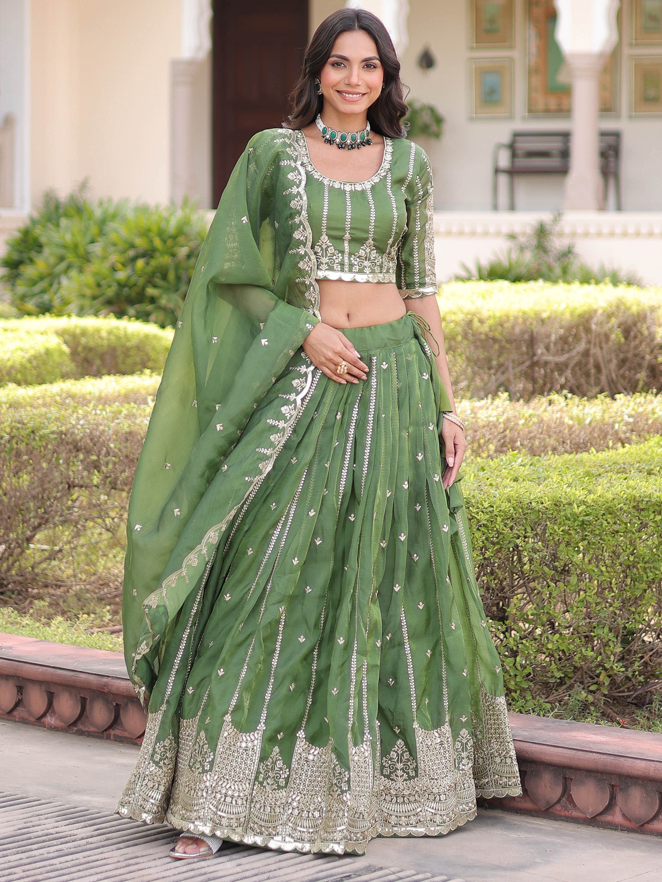 Classic Green Embroidered Crushed Wedding Wear Lehenga Choli