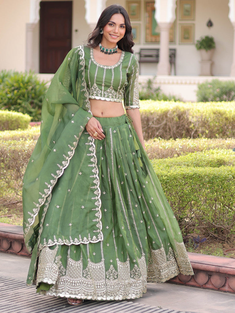 Classic Green Embroidered Crushed Wedding Wear Lehenga Choli