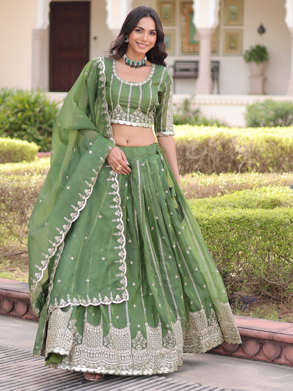 Green embroidered lehenga choli with dupatta, Indian ethnic wear for women