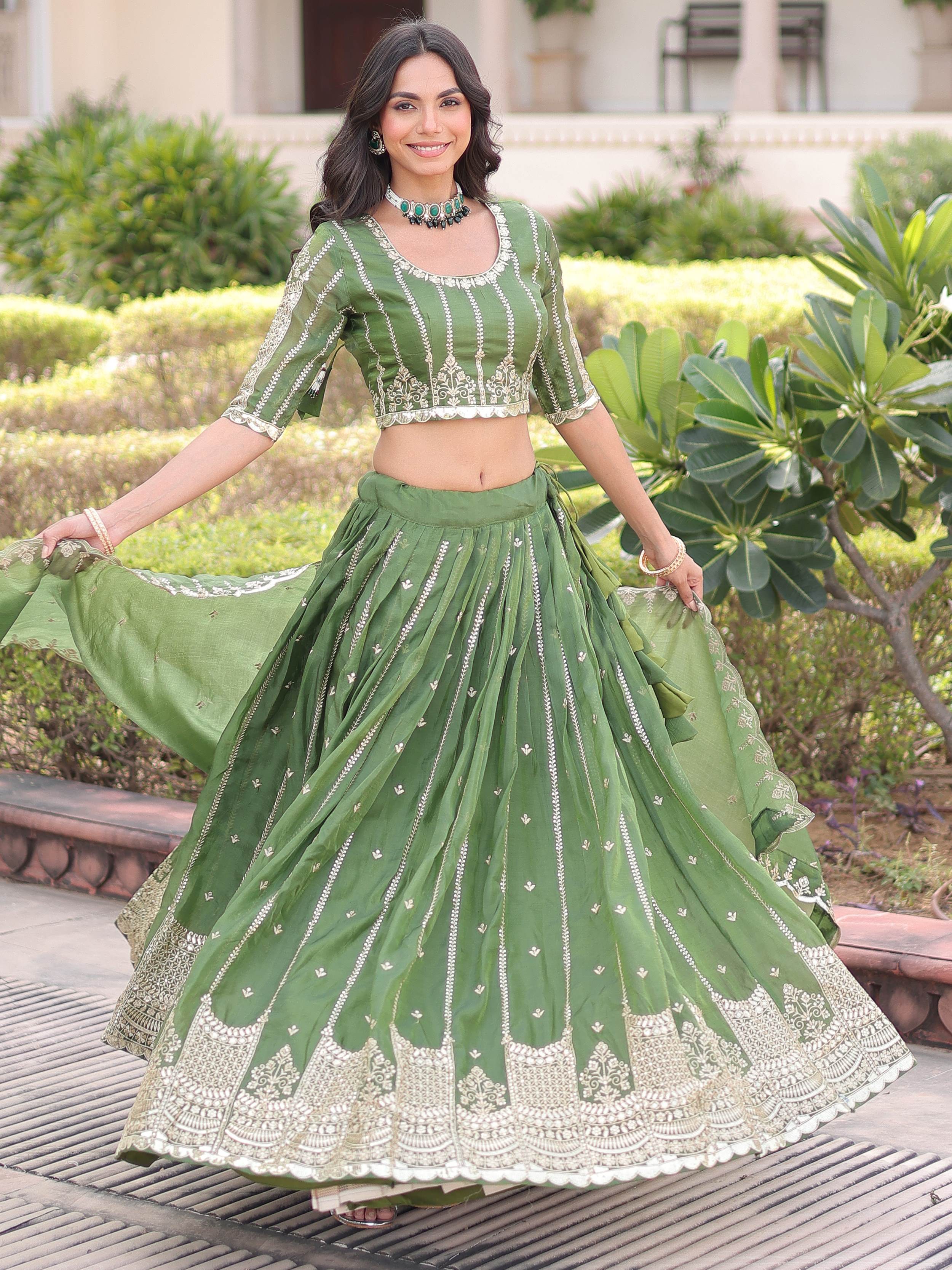 Classic Green Embroidered Crushed Wedding Wear Lehenga Choli