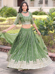 Classic Green Embroidered Crushed Wedding Wear Lehenga Choli