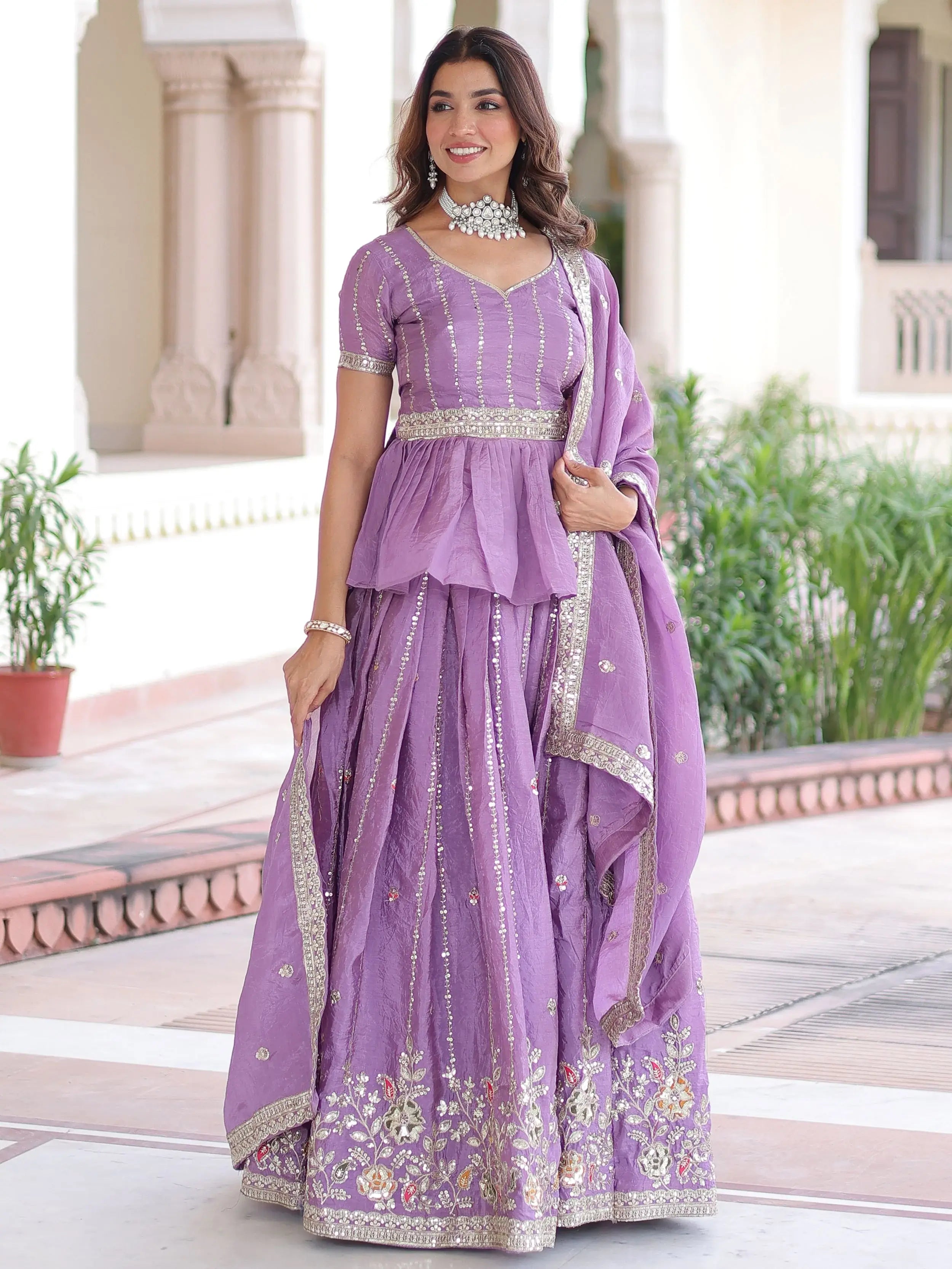 Enchanting Purple Sequins Crushed Festive Wear Lehenga With Peplum Top