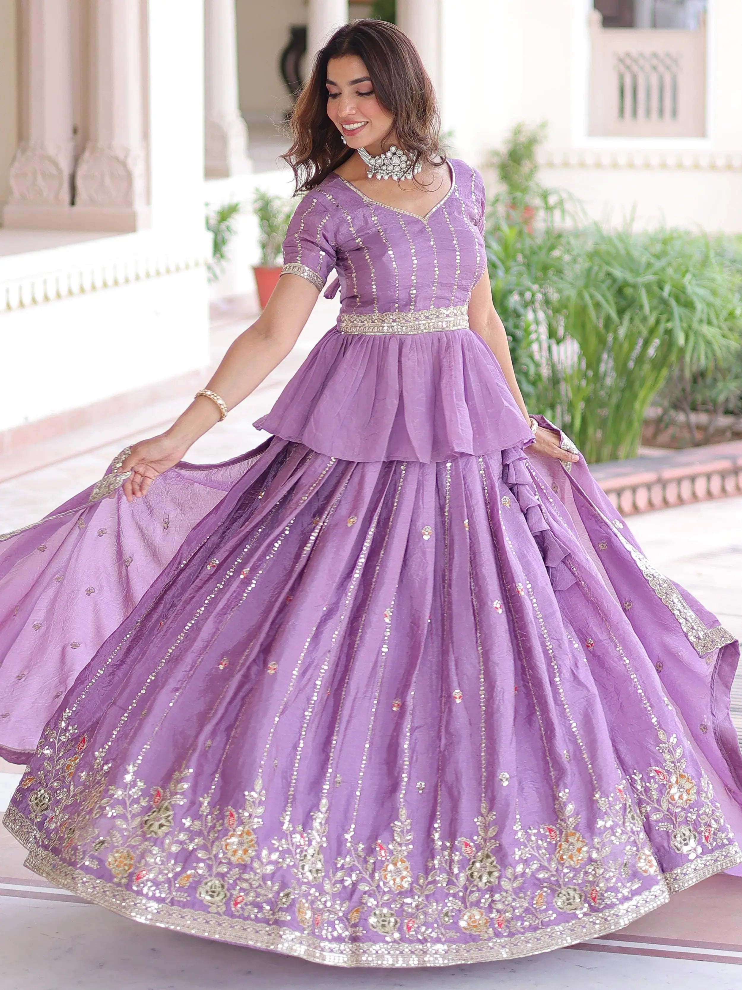 Enchanting Purple Sequins Crushed Festive Wear Lehenga With Peplum Top