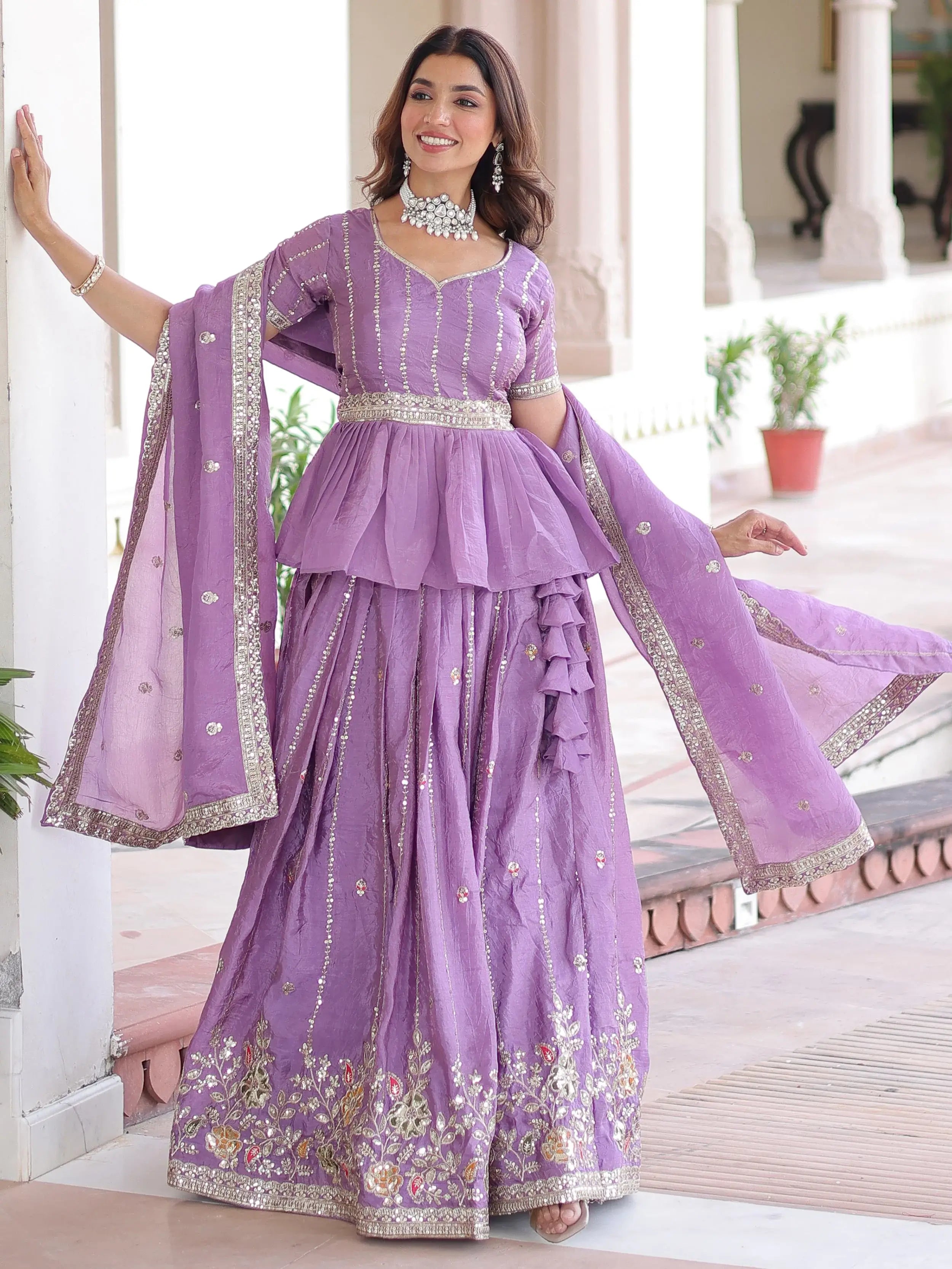 Enchanting Purple Sequins Crushed Festive Wear Lehenga With Peplum Top