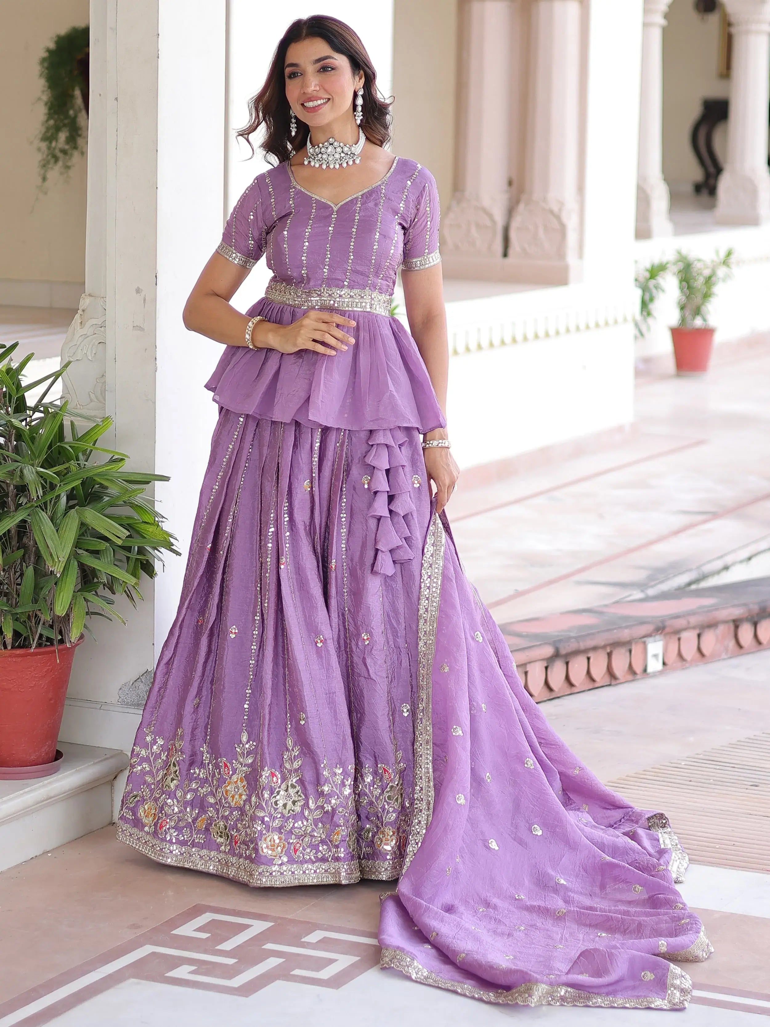 Enchanting Purple Sequins Crushed Festive Wear Lehenga With Peplum Top