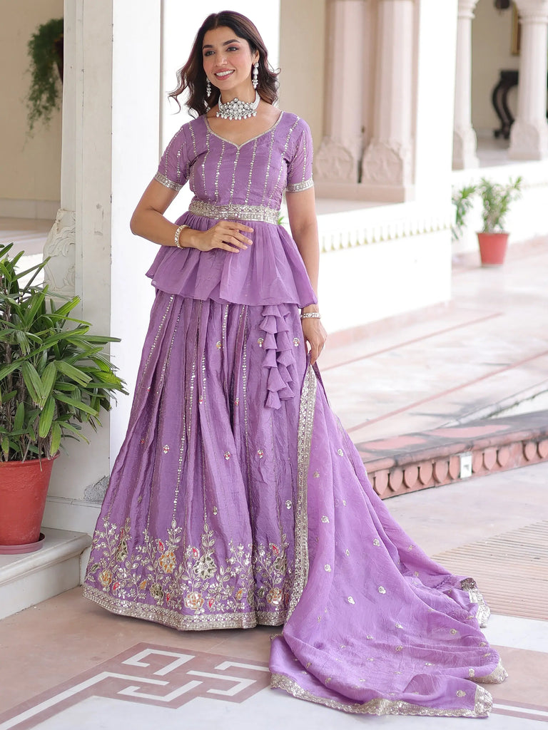 Enchanting Purple Sequins Crushed Festive Wear Lehenga With Peplum Top
