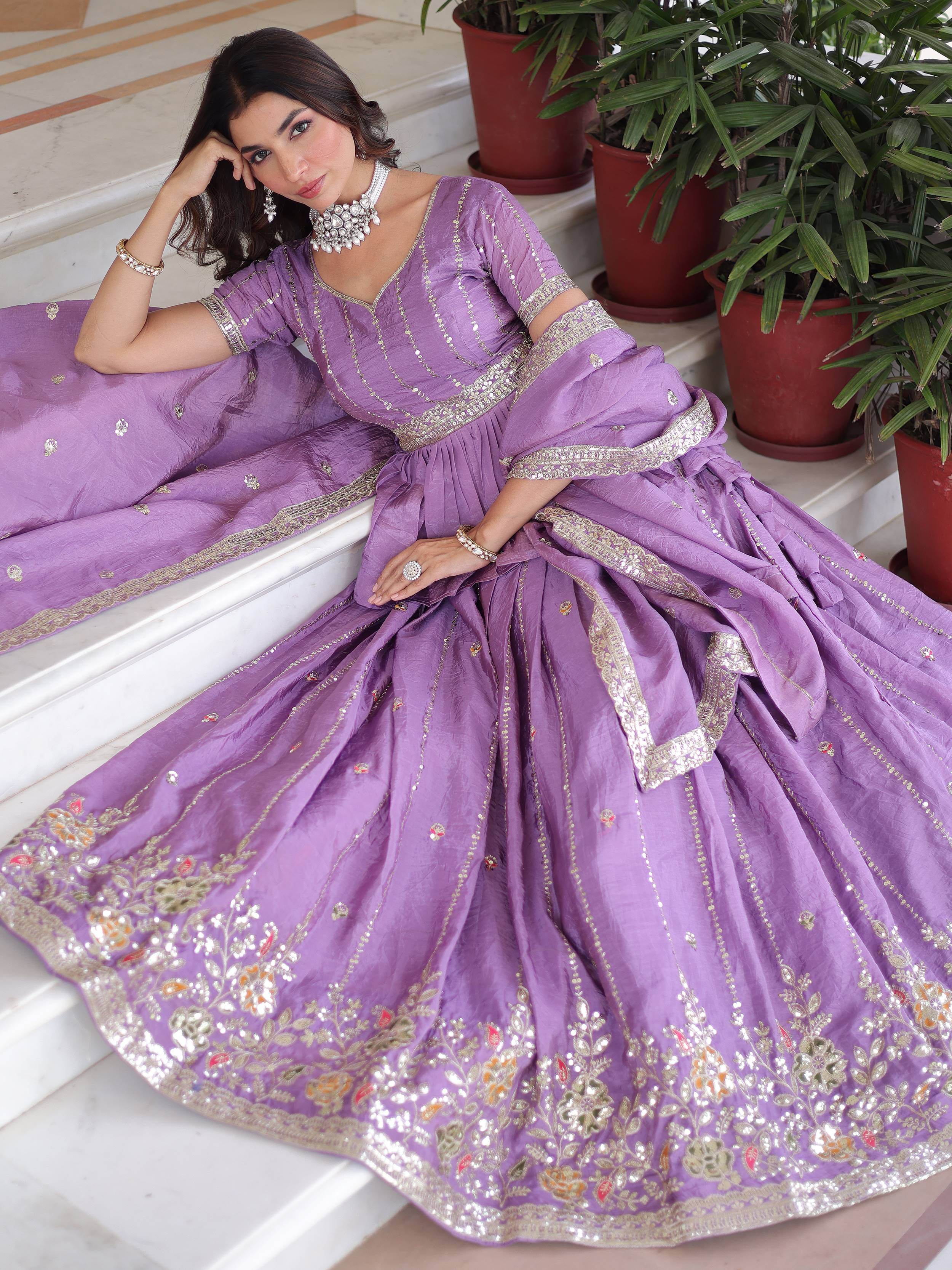 Enchanting Purple Sequins Crushed Festive Wear Lehenga With Peplum Top