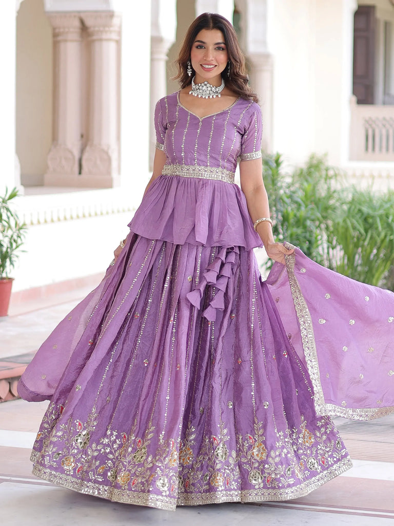 Enchanting Purple Sequins Crushed Festive Wear Lehenga With Peplum Top