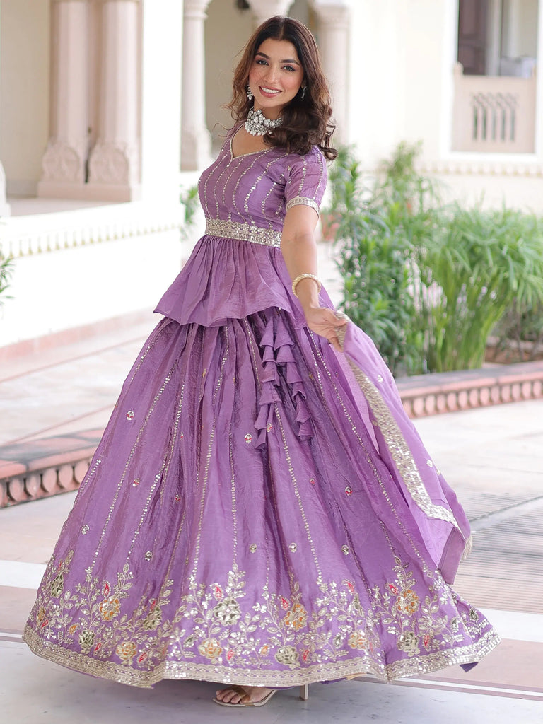 Enchanting Purple Sequins Crushed Festive Wear Lehenga With Peplum Top