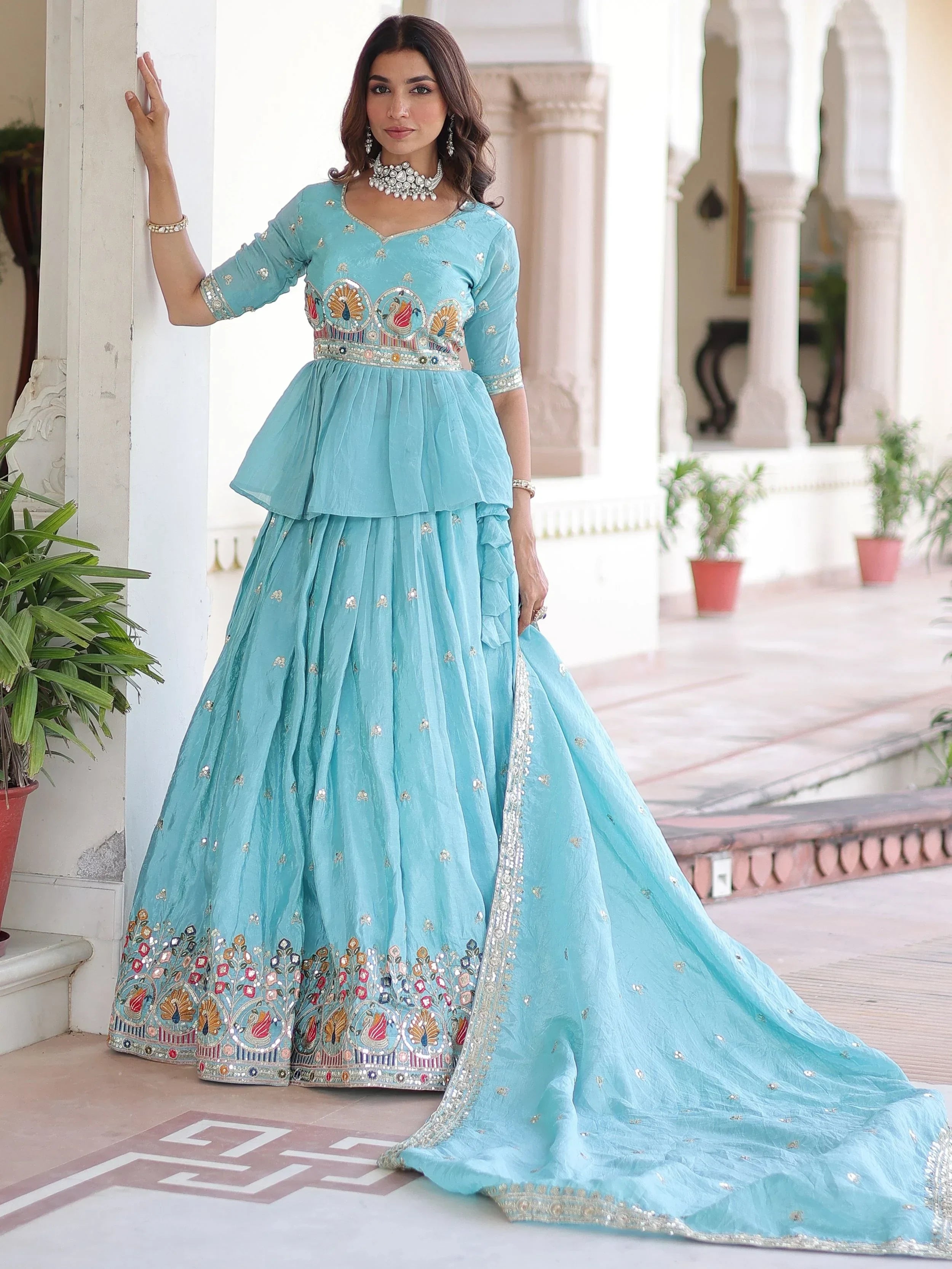 Graceful Blue Sequins Silk Festive Wear Lehenga With Peplum Top 