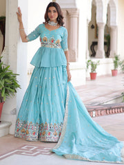 Graceful Blue Sequins Silk Festive Wear Lehenga With Peplum Top 