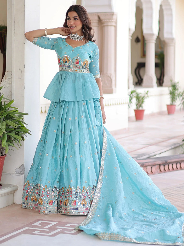 Graceful Blue Sequins Silk Festive Wear Lehenga With Peplum Top 