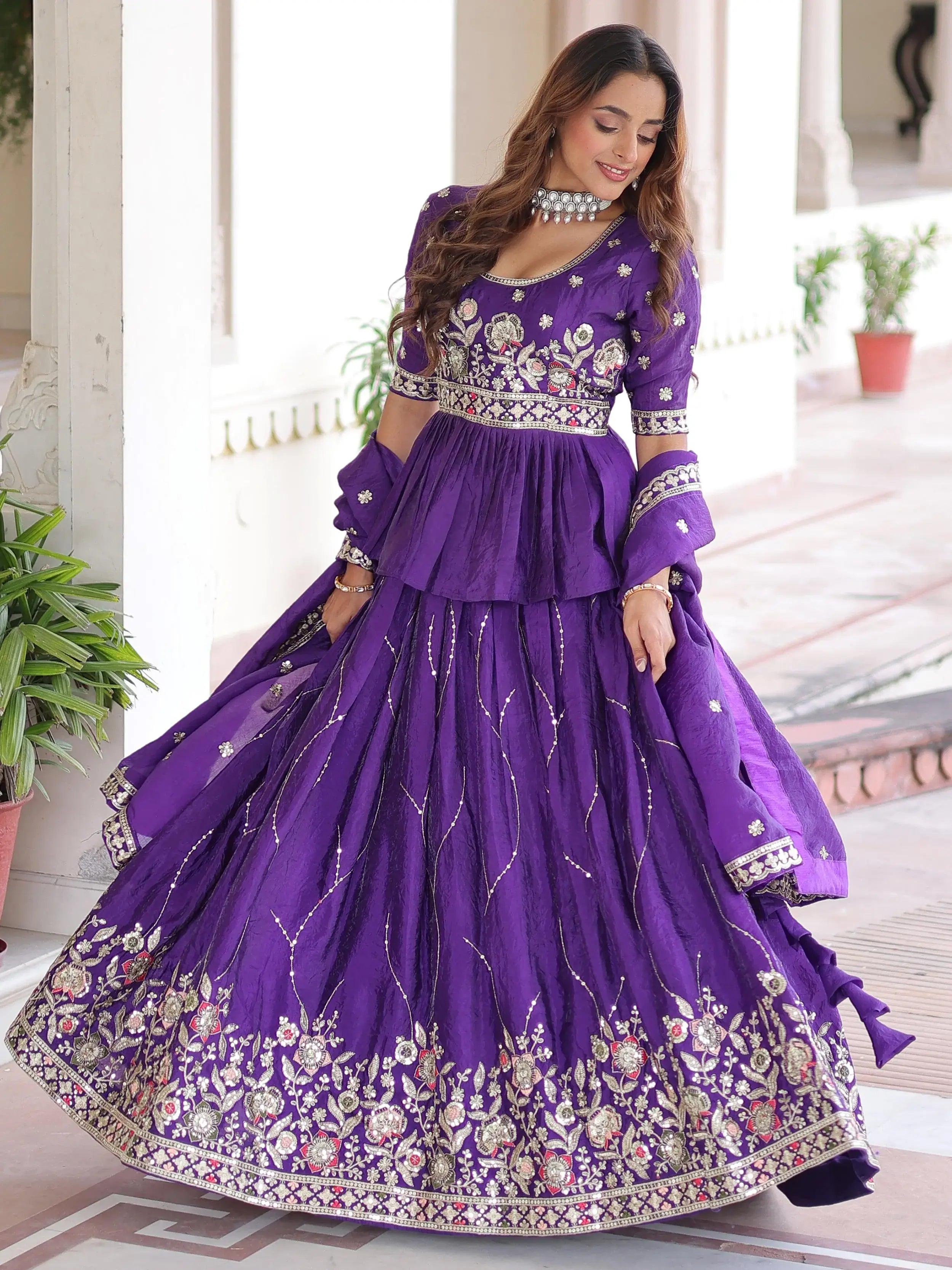 Amazing Purple Sequins Organza Festive Wear Lehenga With Peplum Top