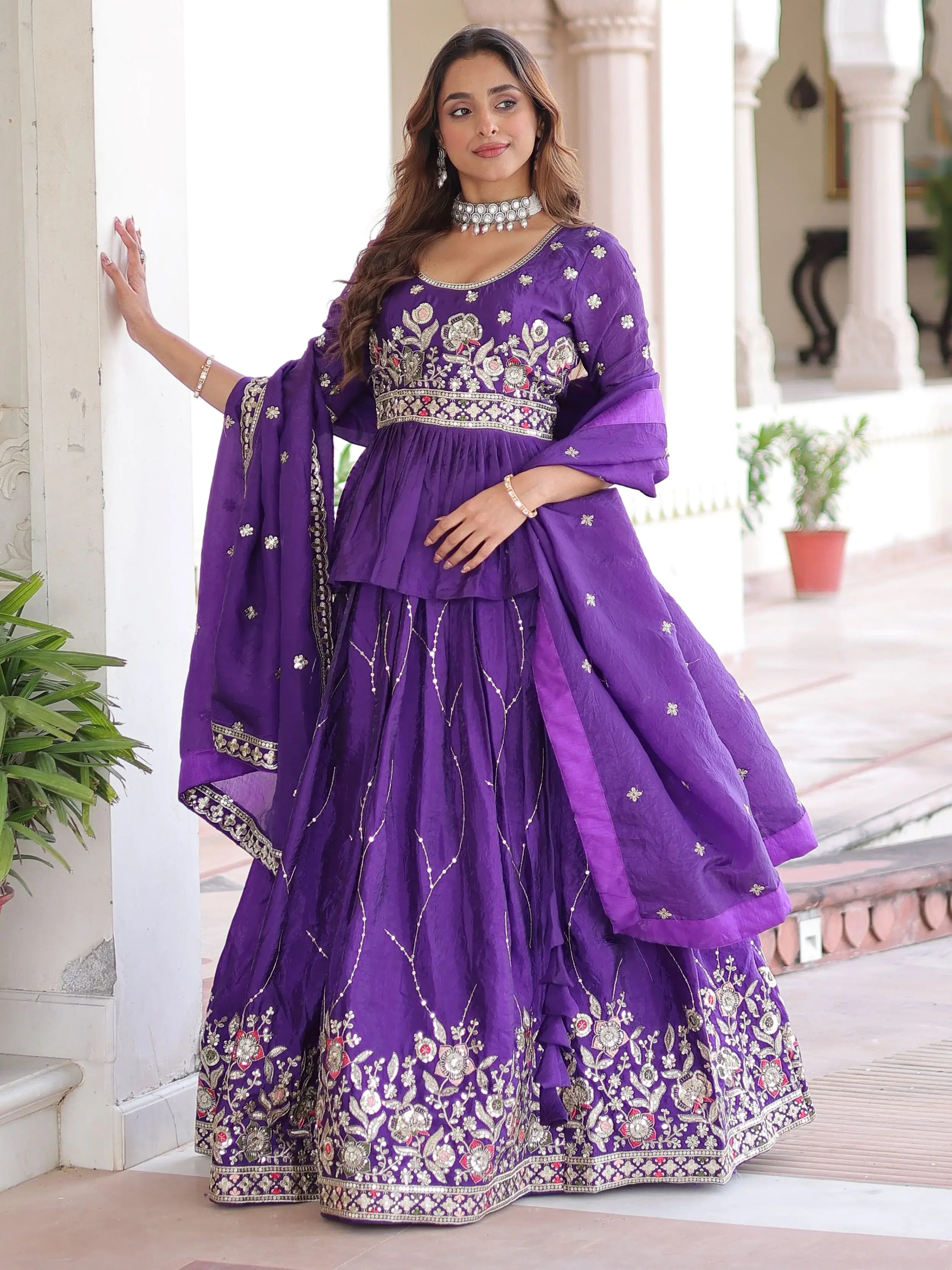 Amazing Purple Sequins Organza Festive Wear Lehenga With Peplum Top