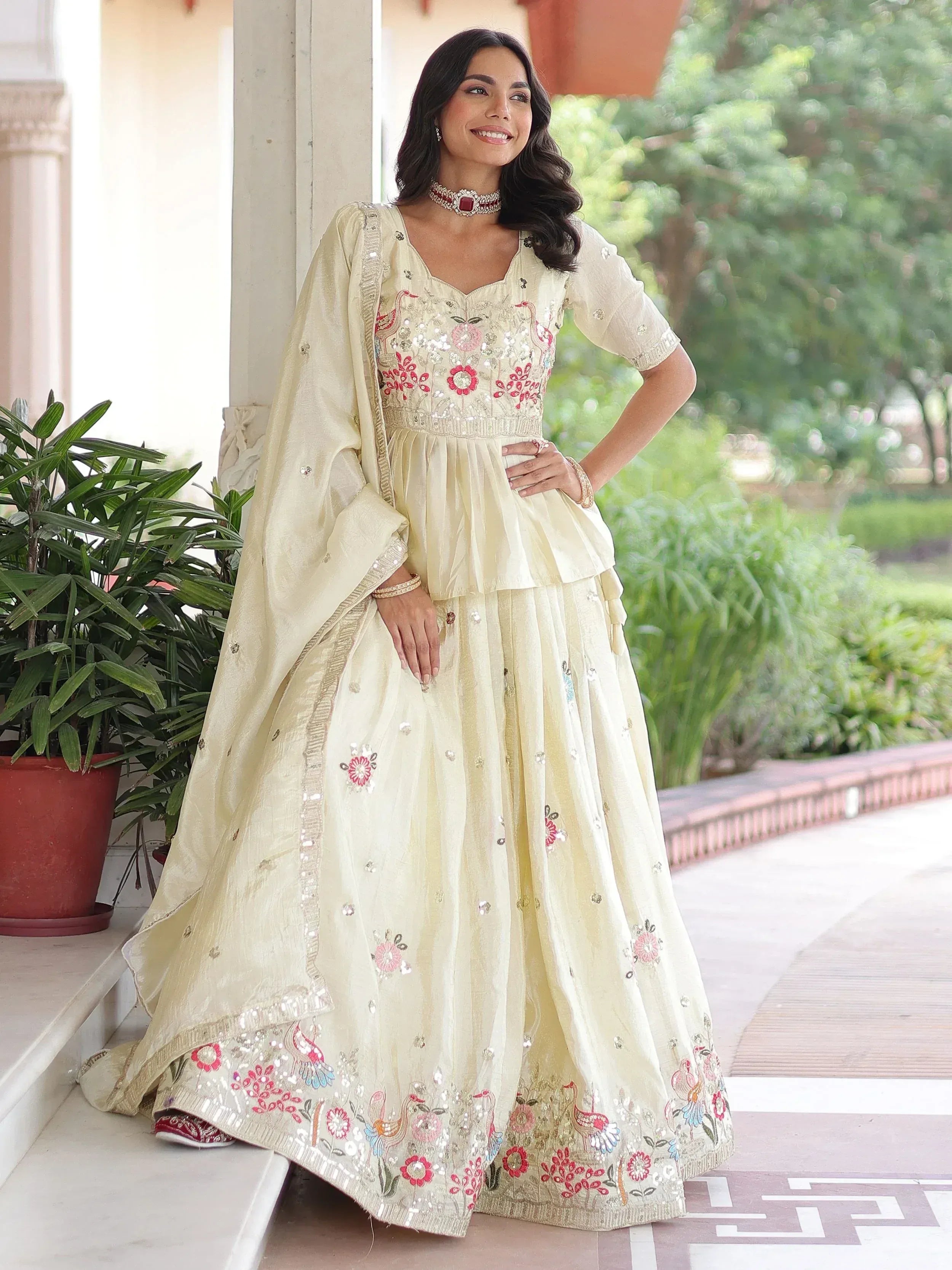 Precious Cream Sequins Embroidered Organza Festival Wear Lehenga Choli