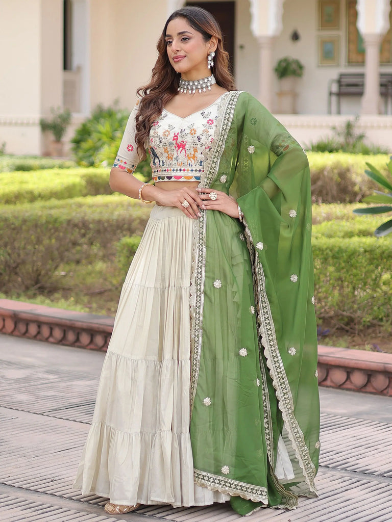Fantastic Off-White Embroidered Silk Festival Wear Lehenga Choli
