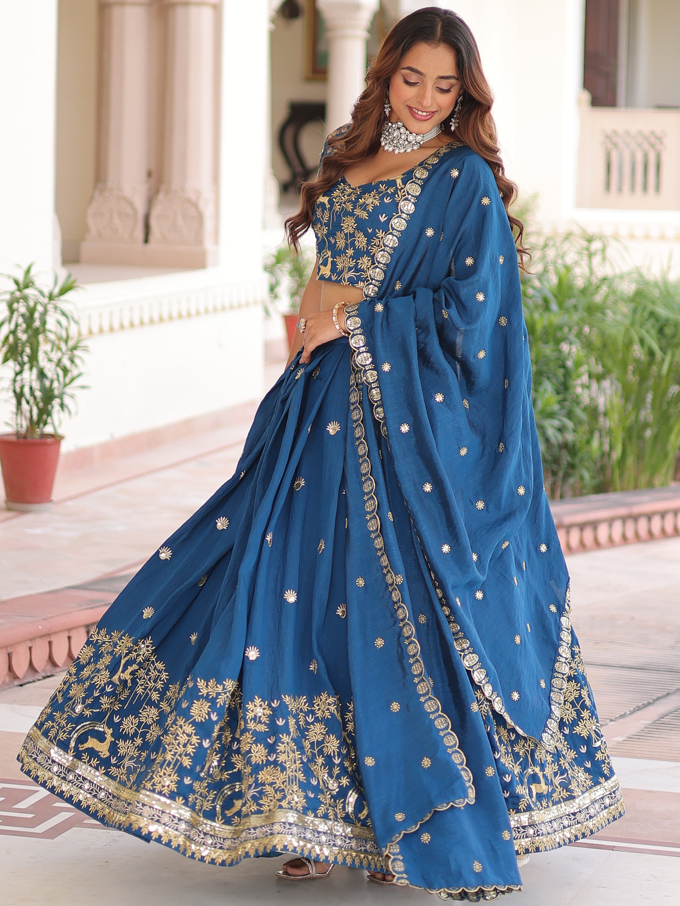 Attractive Teal Blue Thread Embroidered Silk Wedding Lehenga Choli