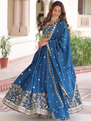 Attractive Teal Blue Thread Embroidered Silk Wedding Lehenga Choli