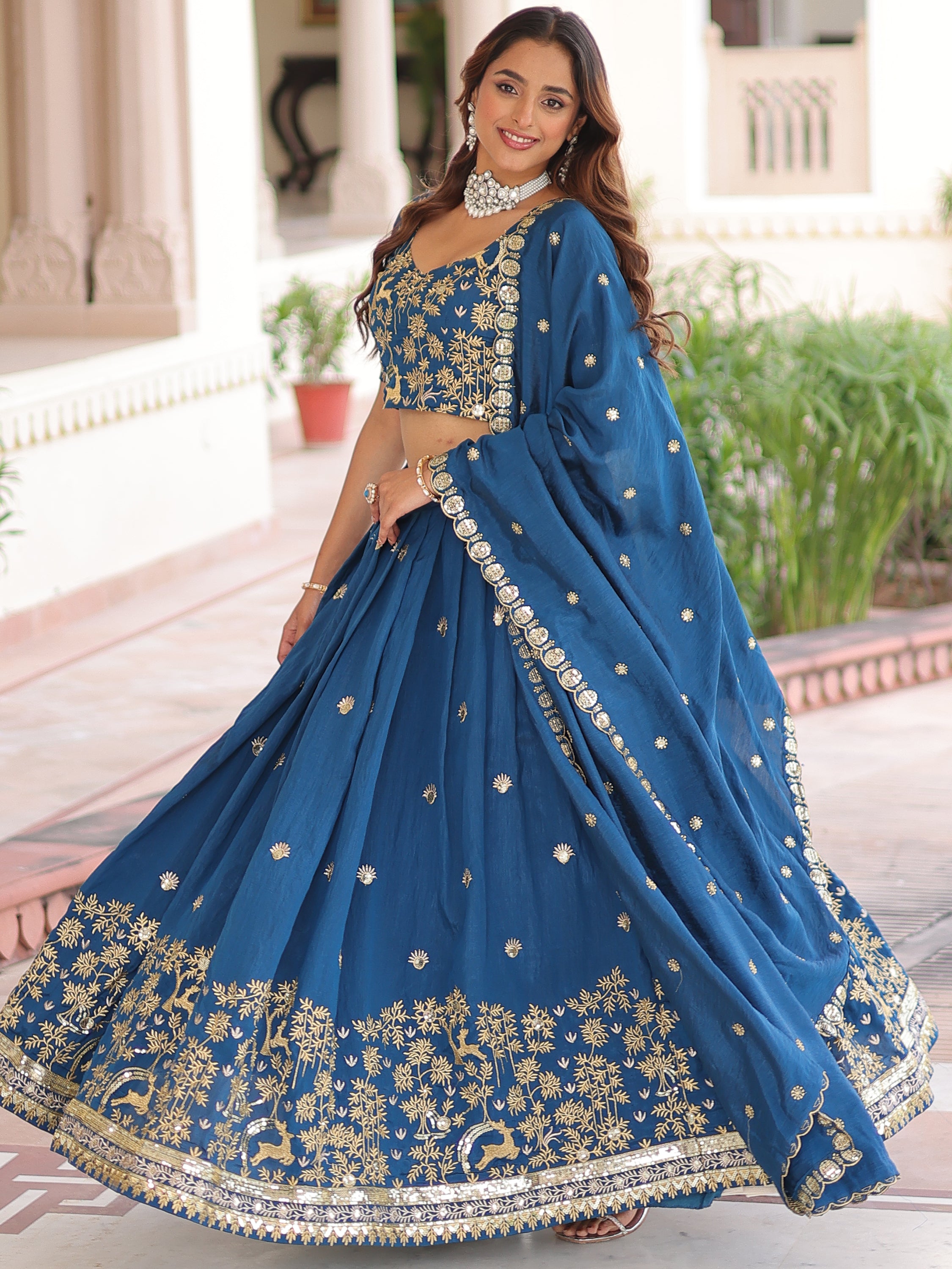 Attractive Teal Blue Thread Embroidered Silk Wedding Lehenga Choli