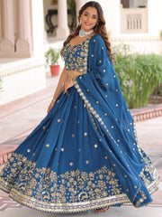 Attractive Teal Blue Thread Embroidered Silk Wedding Lehenga Choli