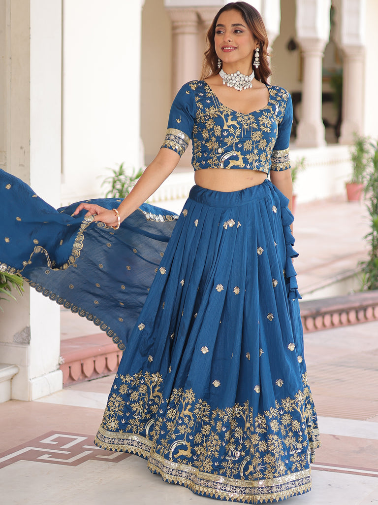Attractive Teal Blue Thread Embroidered Silk Wedding Lehenga Choli