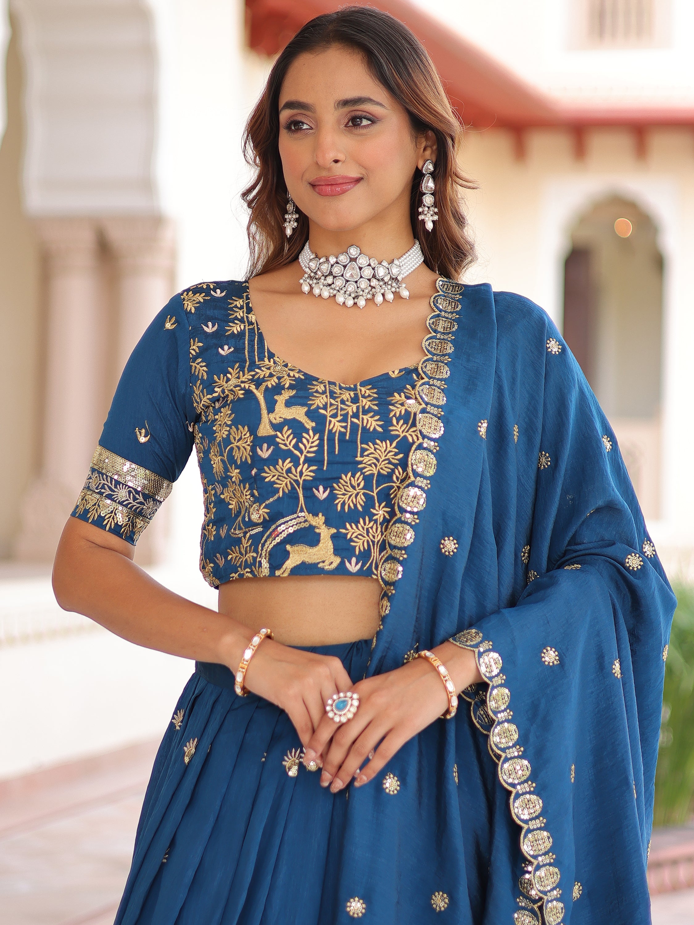 Attractive Teal Blue Thread Embroidered Silk Wedding Lehenga Choli