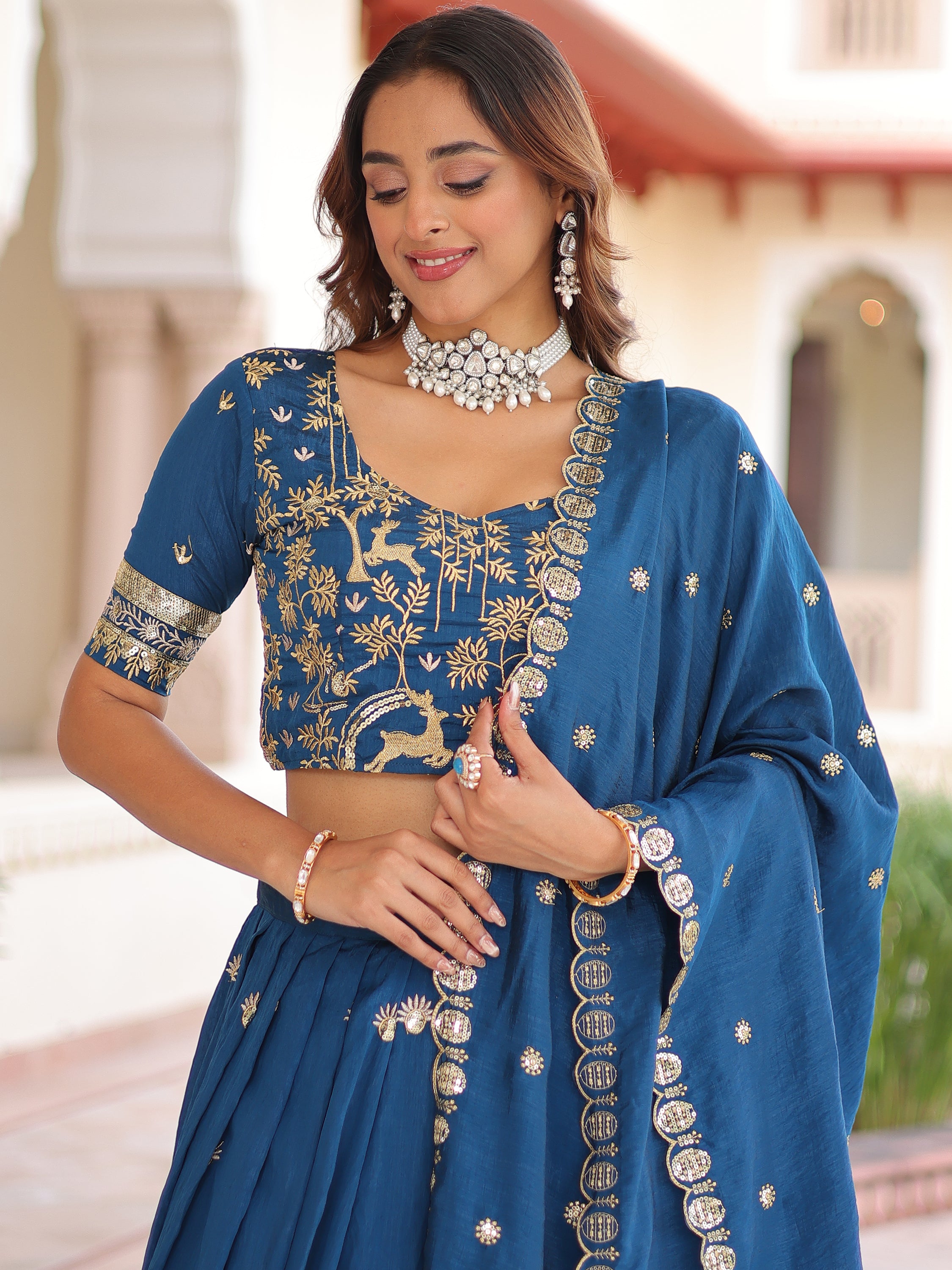 Attractive Teal Blue Thread Embroidered Silk Wedding Lehenga Choli