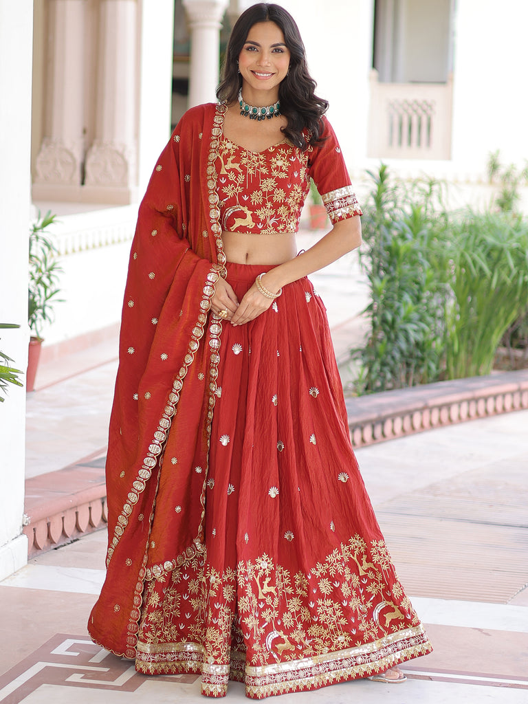 Fabulous Orange Sequins Silk Engagement Wear Lehenga Choli