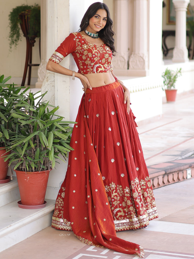 Fabulous Orange Sequins Silk Engagement Wear Lehenga Choli