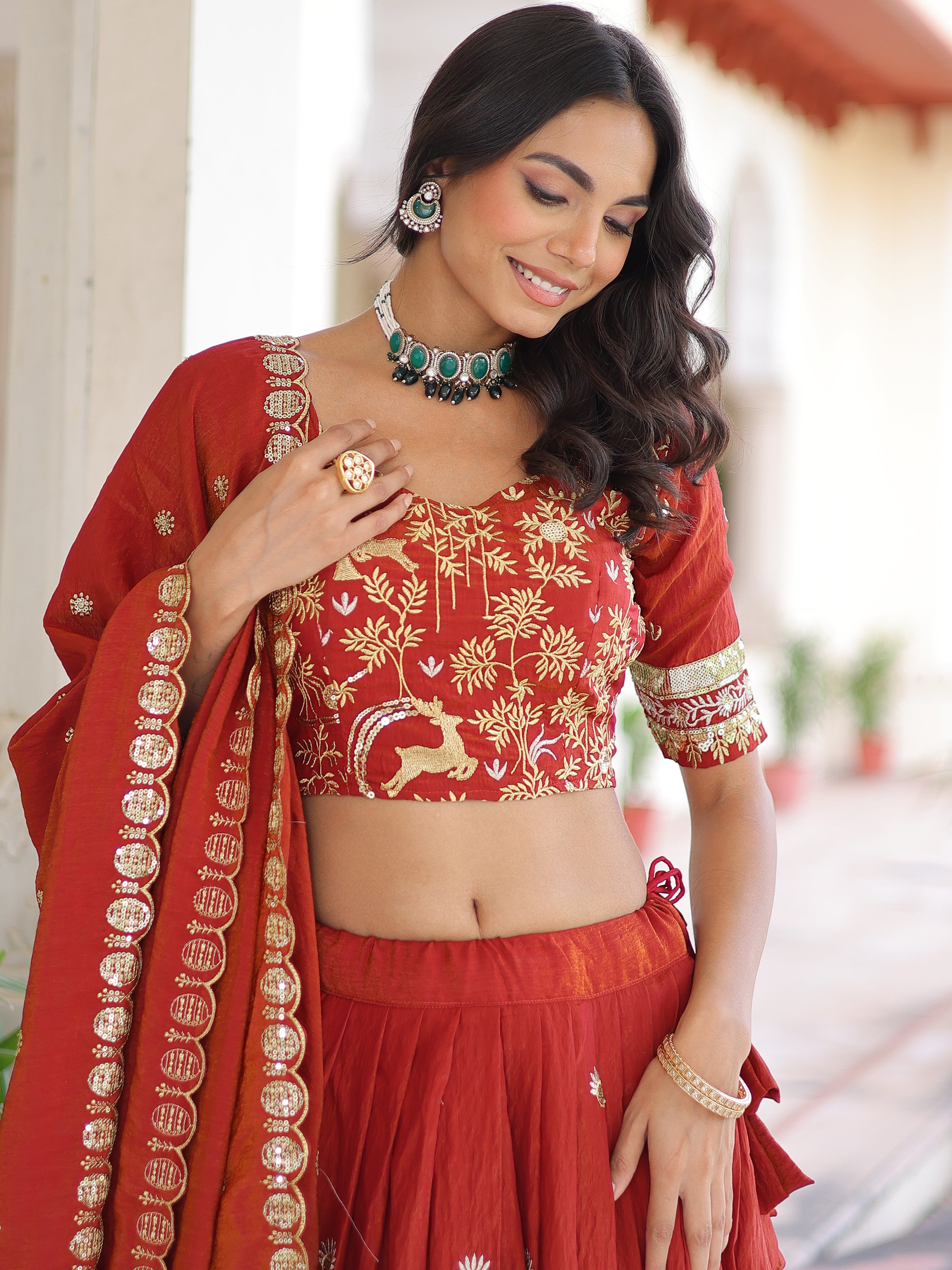 Fabulous Orange Sequins Silk Engagement Wear Lehenga Choli