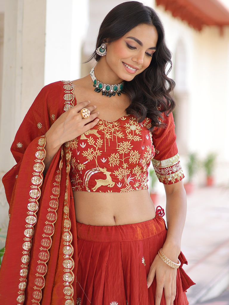 Fabulous Orange Sequins Silk Engagement Wear Lehenga Choli