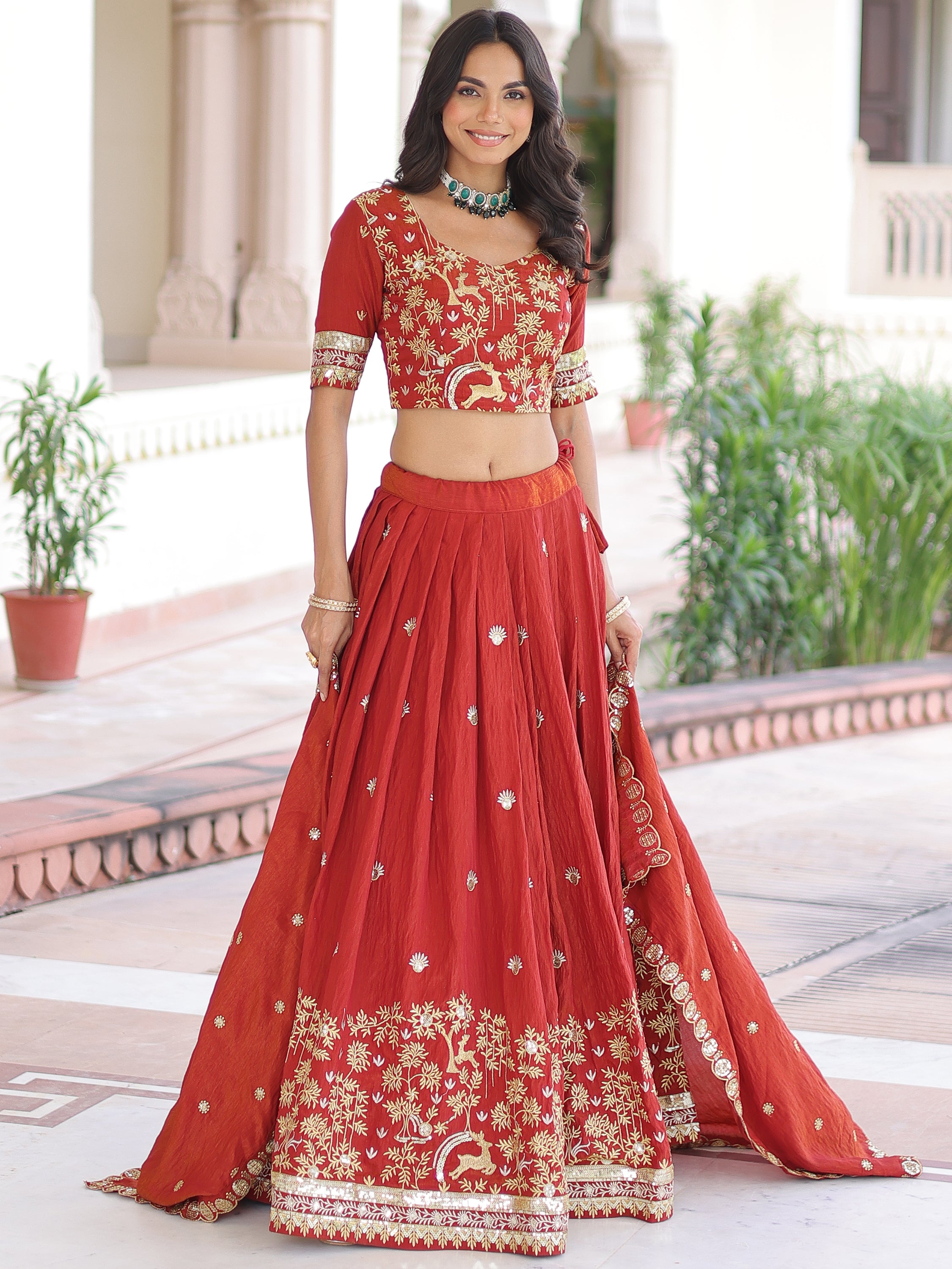Fabulous Orange Sequins Silk Engagement Wear Lehenga Choli