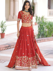Fabulous Orange Sequins Silk Engagement Wear Lehenga Choli