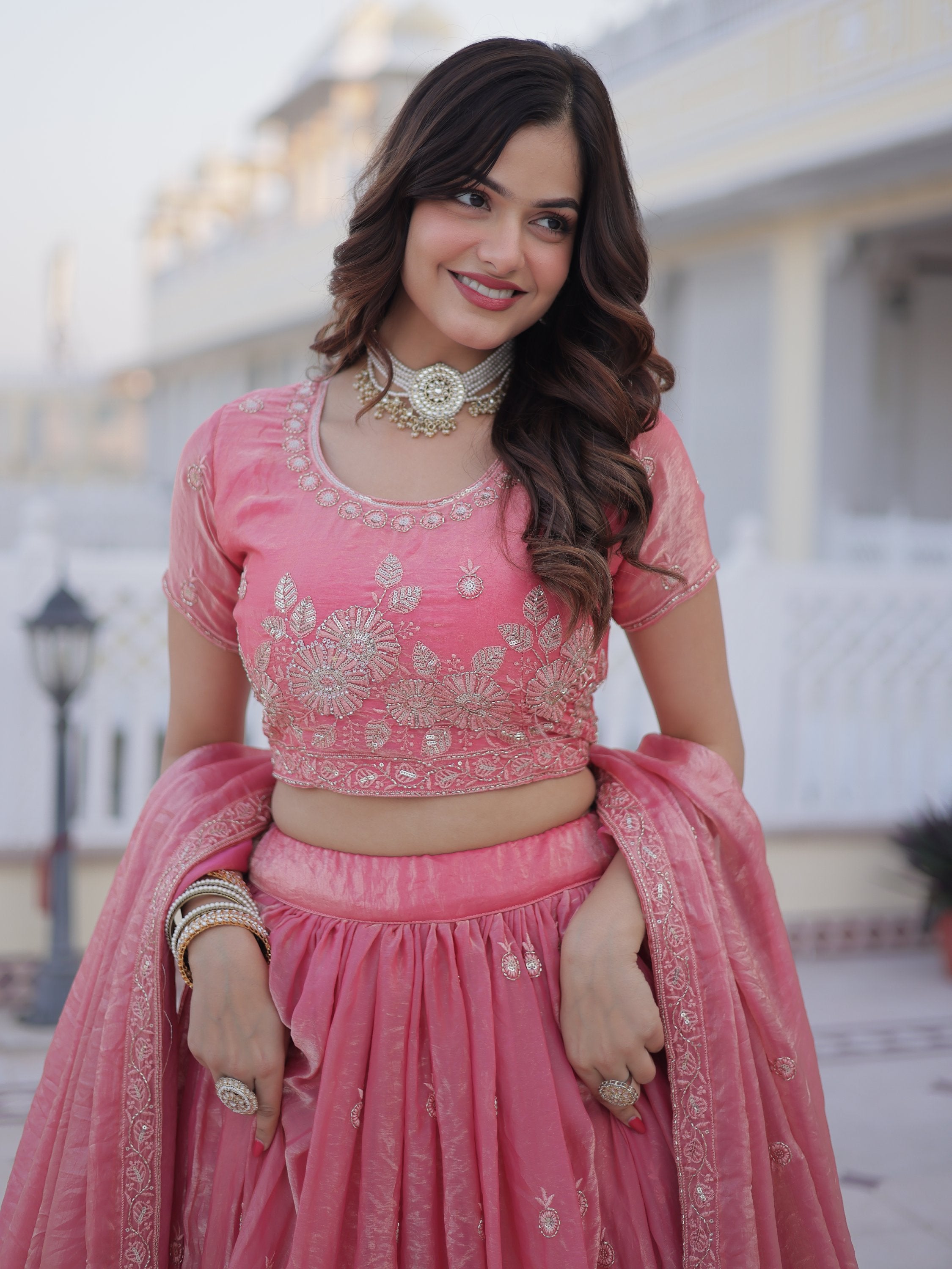 Majestic Pink Zari Embroidery Silk Lehenga Choli With Dupatta