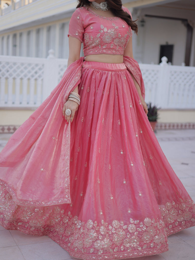 Majestic Pink Zari Embroidery Silk Lehenga Choli With Dupatta