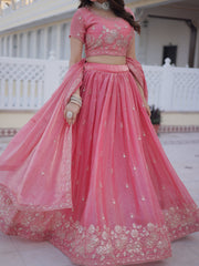 Majestic Pink Zari Embroidery Silk Lehenga Choli With Dupatta