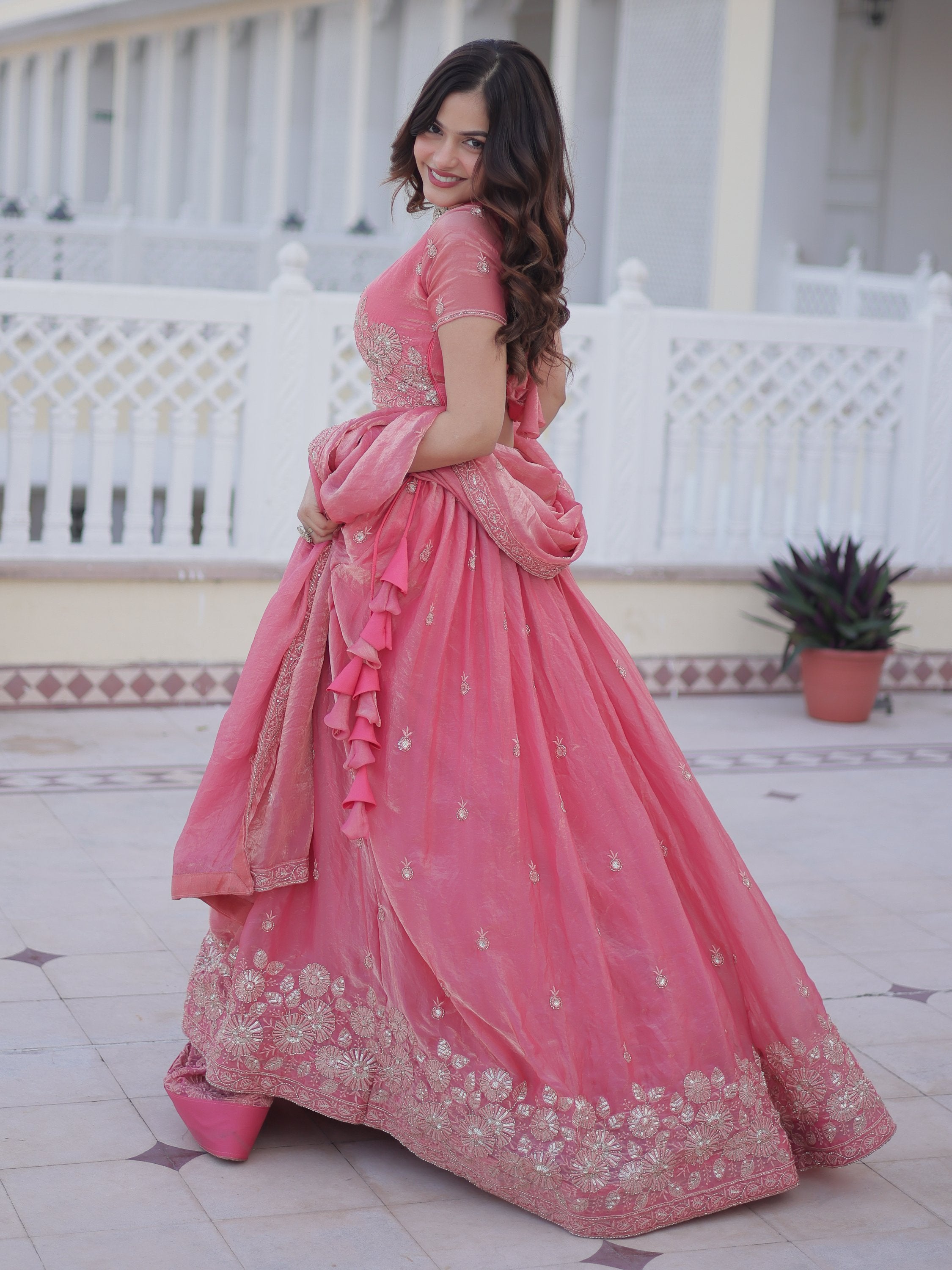 Majestic Pink Zari Embroidery Silk Lehenga Choli With Dupatta
