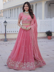 Majestic Pink Zari Embroidery Silk Lehenga Choli With Dupatta
