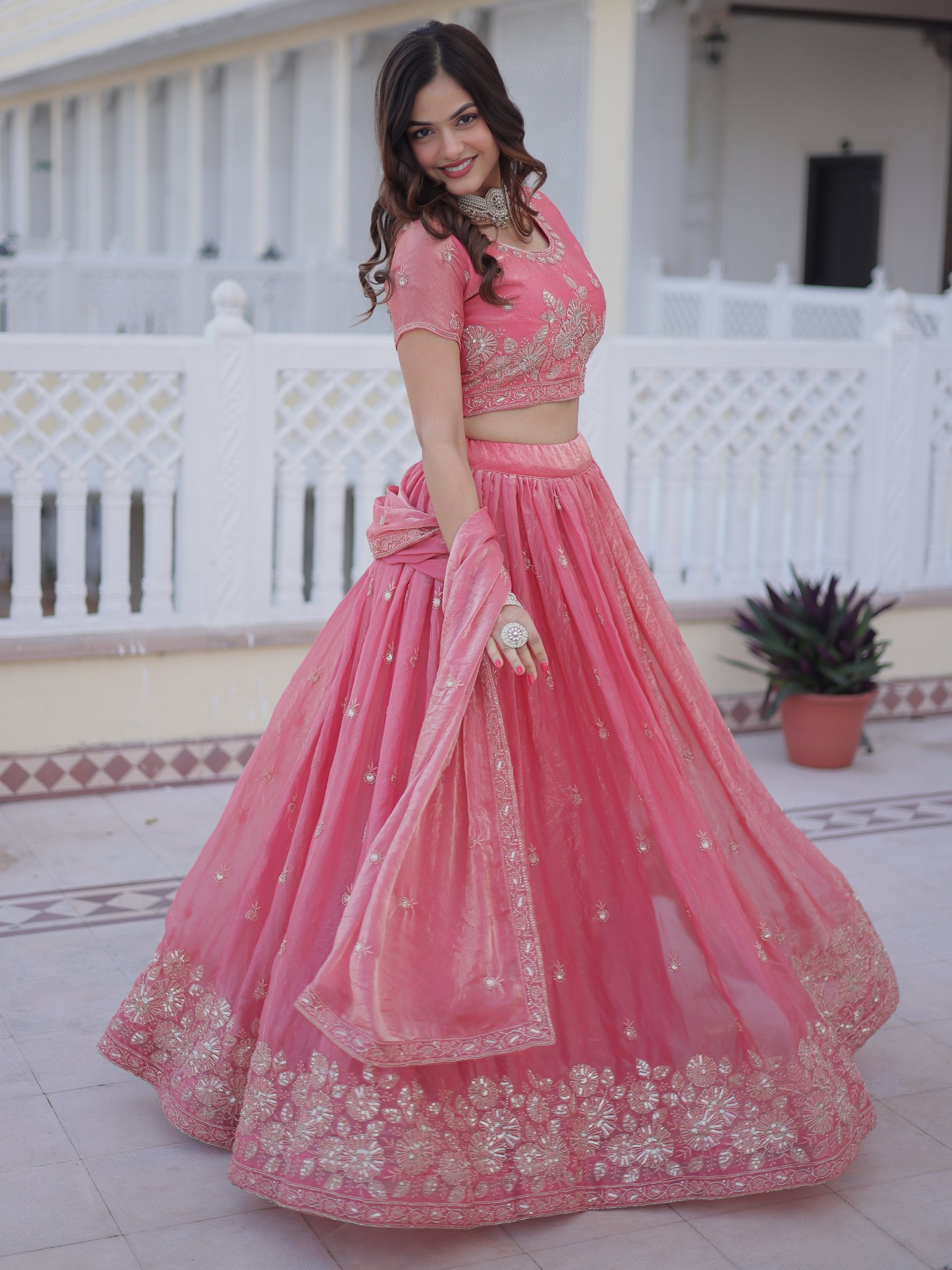 Majestic Pink Zari Embroidery Silk Lehenga Choli With Dupatta